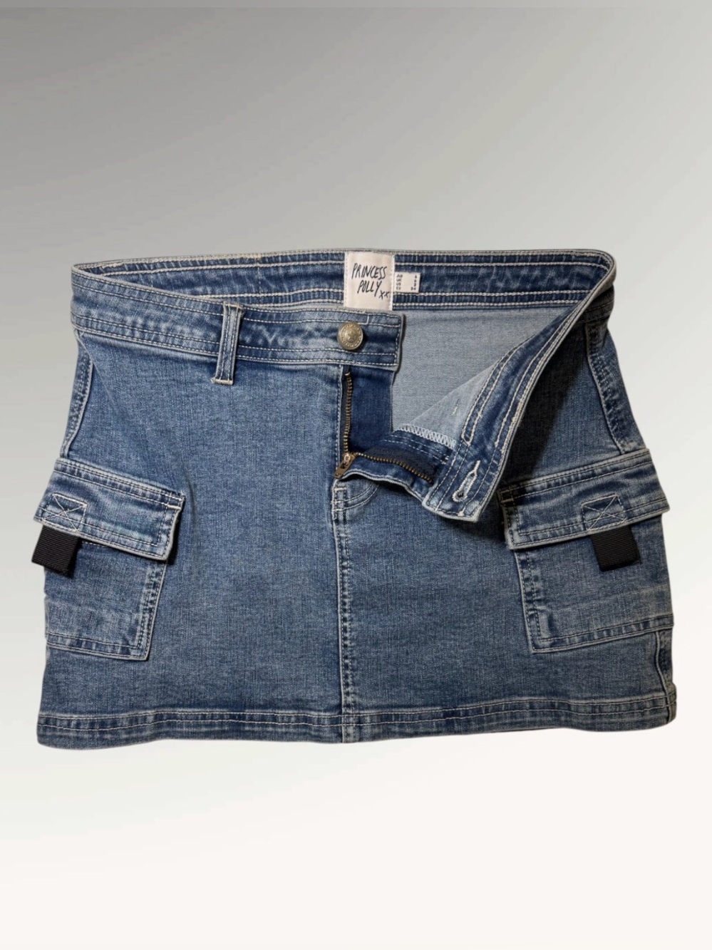 Princess Polly Denim Cargo Mini Skirt Blue Low Rise Utility Pocket Stretch Sz 2 - Picture 3 of 7